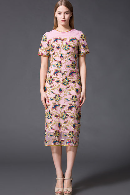 ELEGANT BEADED SHORT SLEEVE ROUND NECK MIDI DRESS
