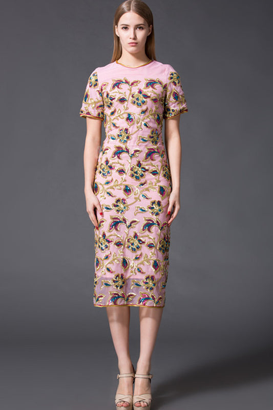 ELEGANT BEADED SHORT SLEEVE ROUND NECK MIDI DRESS
