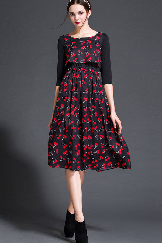 women's casual print and floral boat neck  vocation midi dress