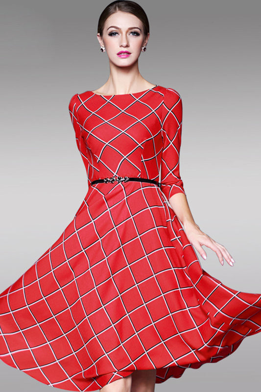 WOMEN'S GRACE BOAT NECK PLAID 3/4 SLEEVE DRESS WITH BELT