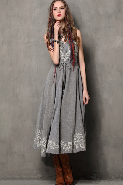 Middle Gray Smoking Elastic Wide Bottom Embroidered Maxi Casual Sundress
