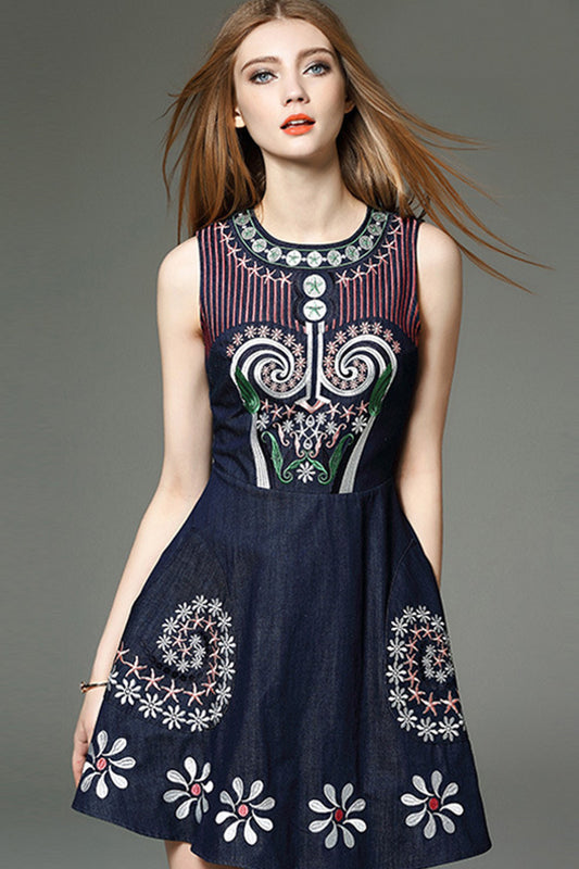 ELEGANT VINTAGE ROUND NECK EMBROIDERY SLEEVELESS PARTY DRESS