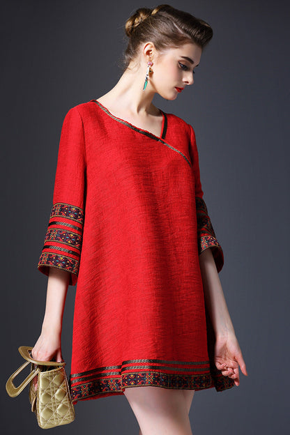 Long Flared Blouse With Tribal Ribbon Tape Decoration