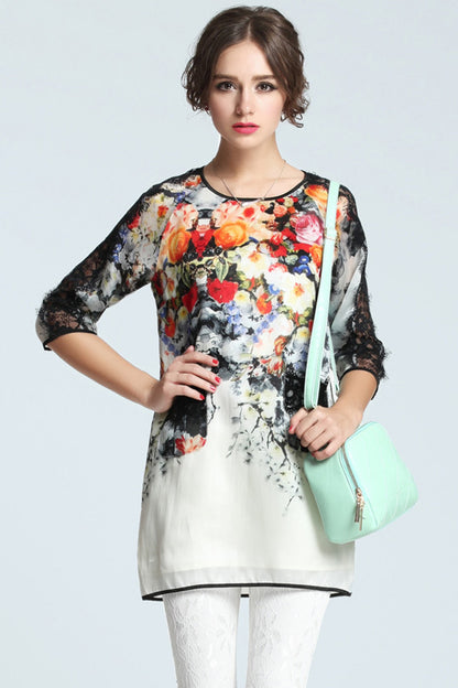 ound Collar Floral Print Lace Patch Blouse