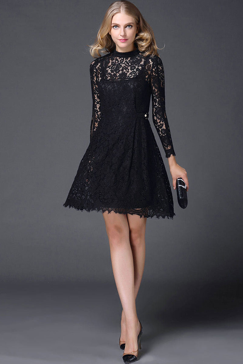 WOMEN'S ELEGANT LACE ROUND NECK LONG SLEEVE COCKTAIL PARTY DRESS