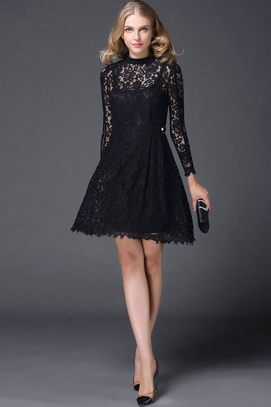 WOMEN'S ELEGANT LACE ROUND NECK LONG SLEEVE COCKTAIL PARTY DRESS