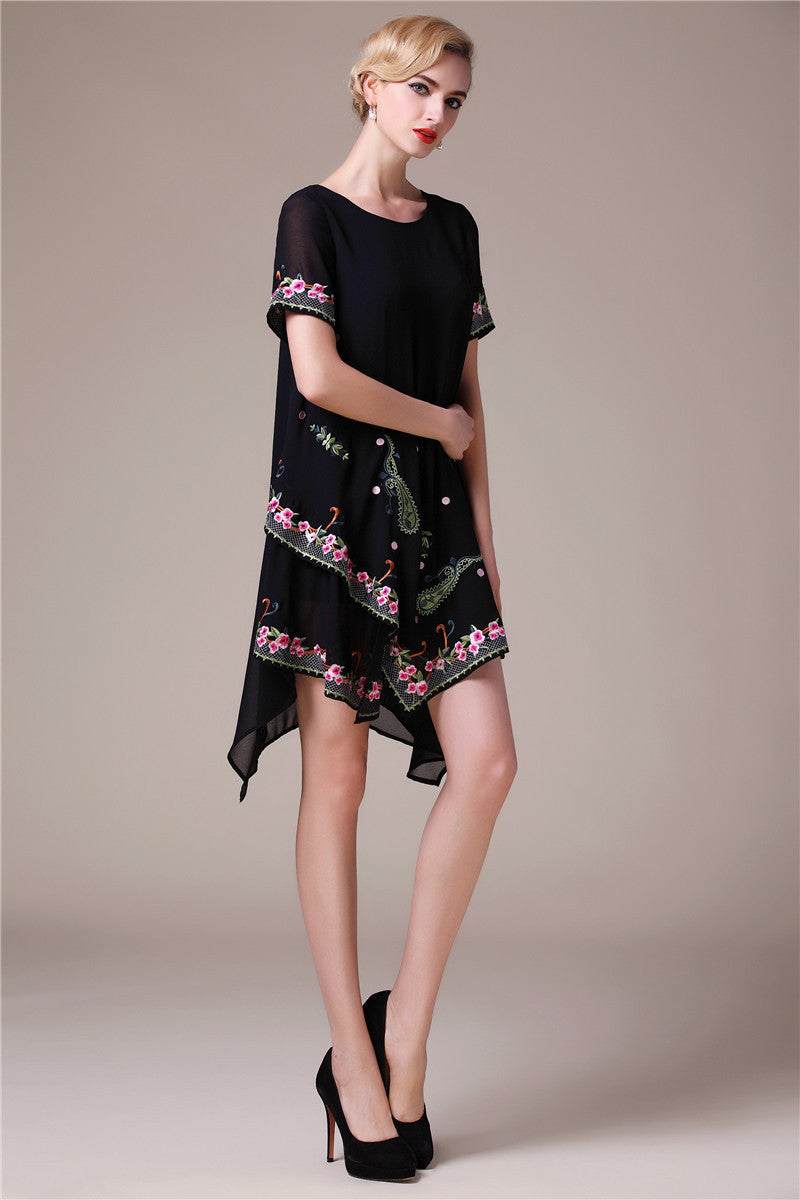 Rural Embroidery Round Neck Irregularity Long Dress