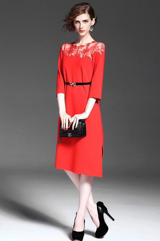women's elegant 3/4 sleeve wear to work lace neck dress
