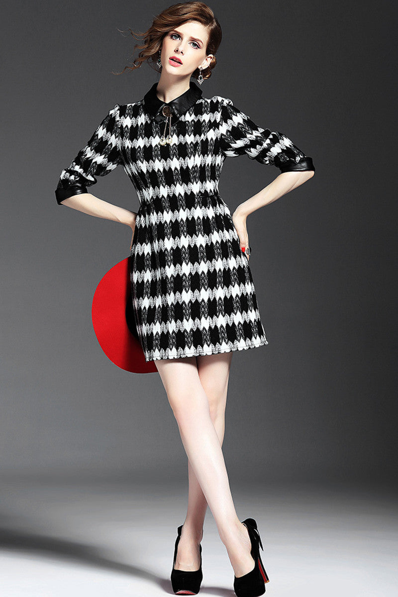 PU Lapel Neck Striped Wavy Print Tunic Dress