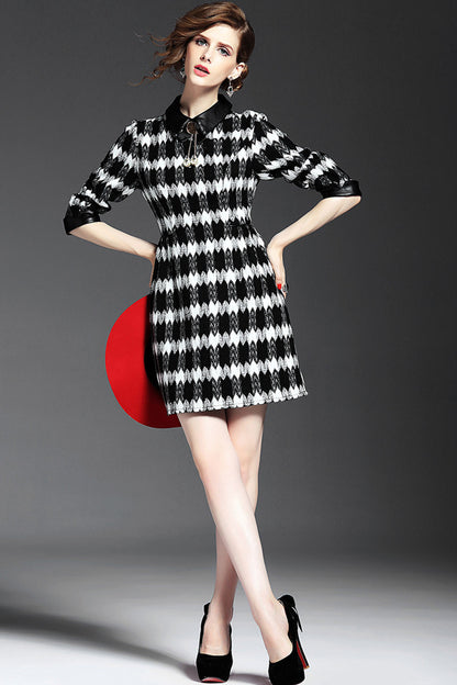 PU Lapel Neck Striped Wavy Print Tunic Dress