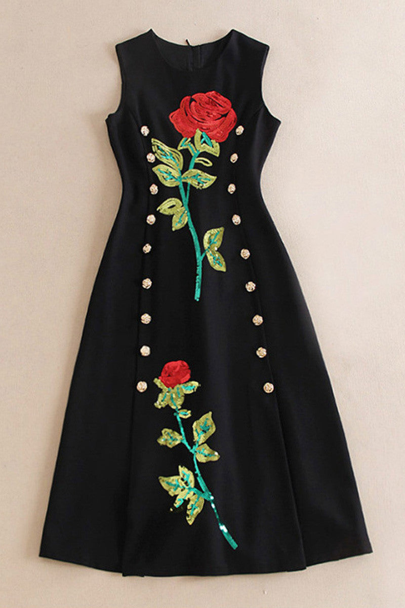 Rose Sequin Emboridered Sleeveless Dress