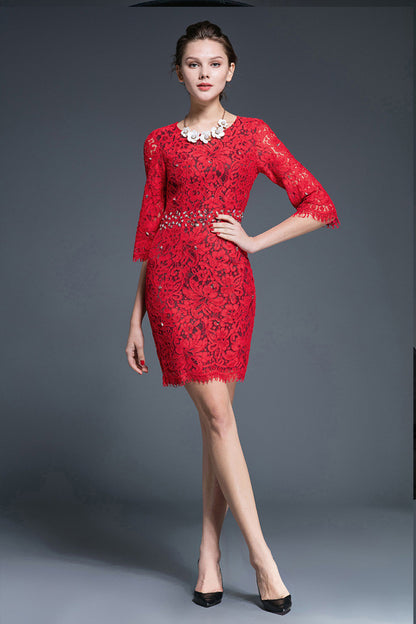 3/4 Sleeve Full Lace Slim Dress - NJOYDRESS - 1