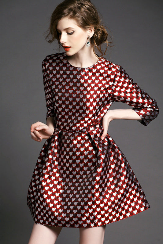 Women's Heart Printing Skirt Casual Round Neck Slim A-line Flare Dress - NJOYDRESS - 1