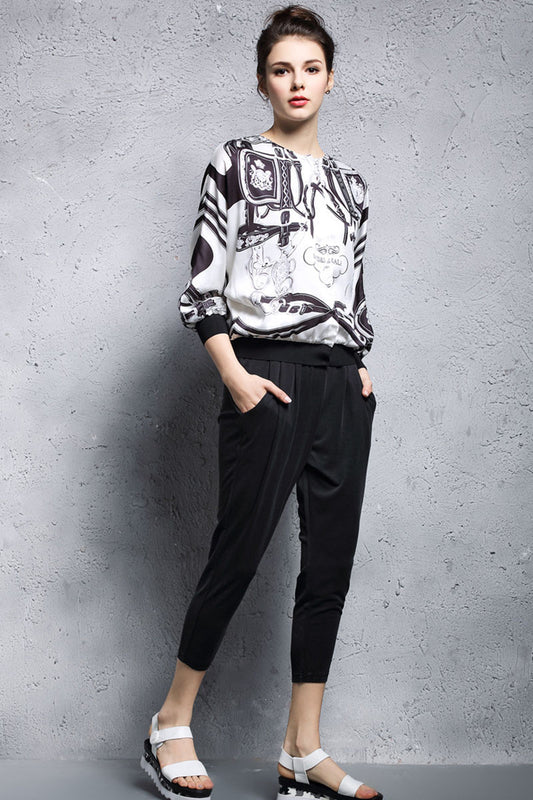 Round Collar Pattern Print Shirt - NJOYDRESS - 1