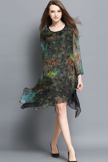 Peacock Feather Painting Irregular Plus-Size Dress