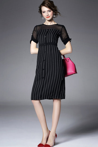 Women's Vogue Striped Midi Dress Short Sleeve - NJOYDRESS - 1