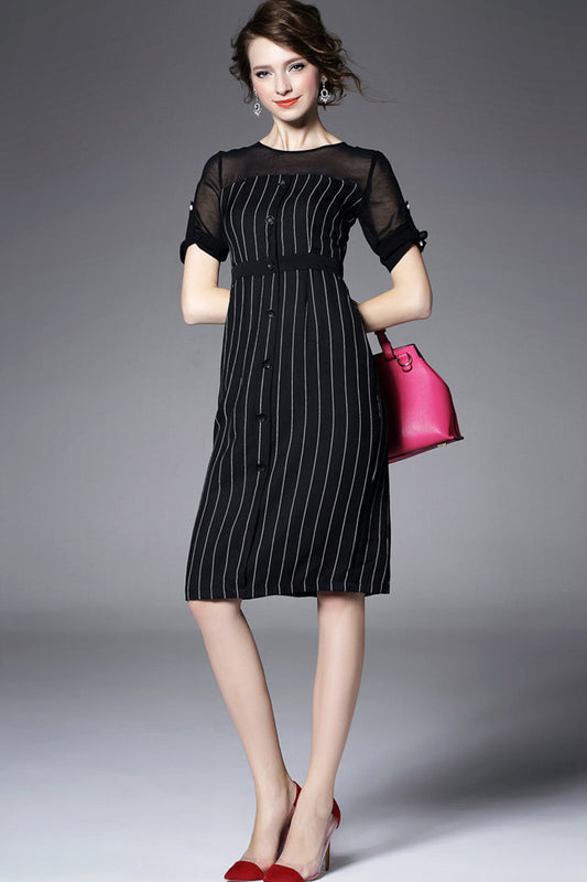 Women's Vogue Striped Midi Dress Short Sleeve - NJOYDRESS - 1