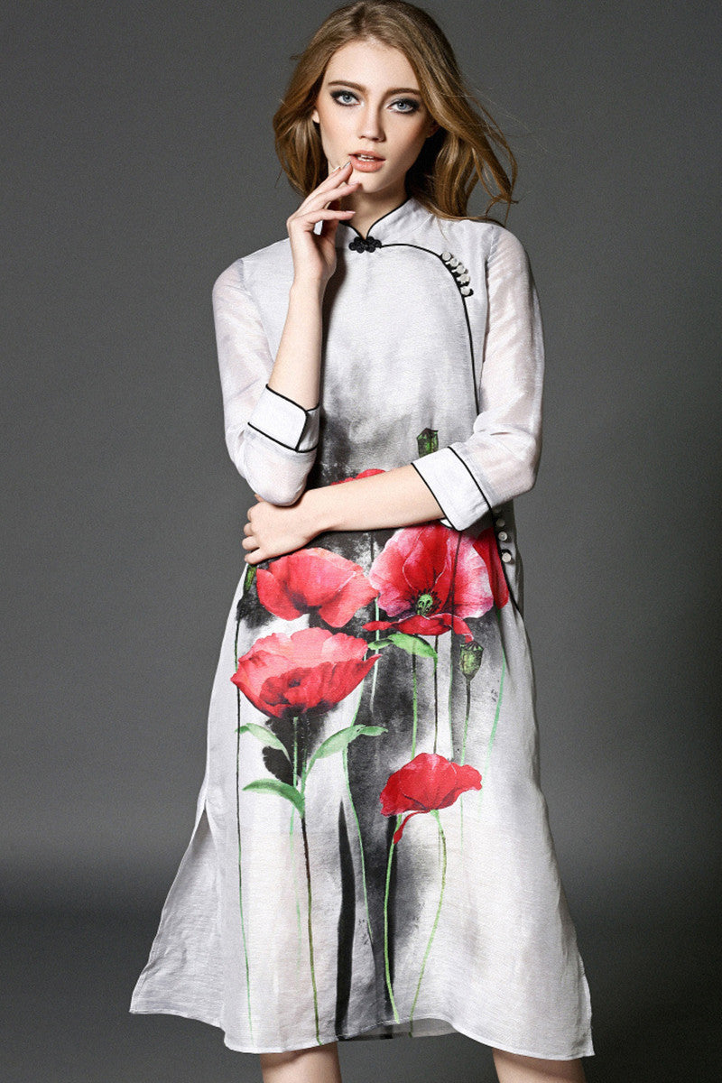 Stand Collar Flowers Print Chi-Pao Dress