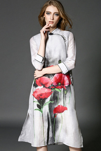 Stand Collar Flowers Print Chi-Pao Dress