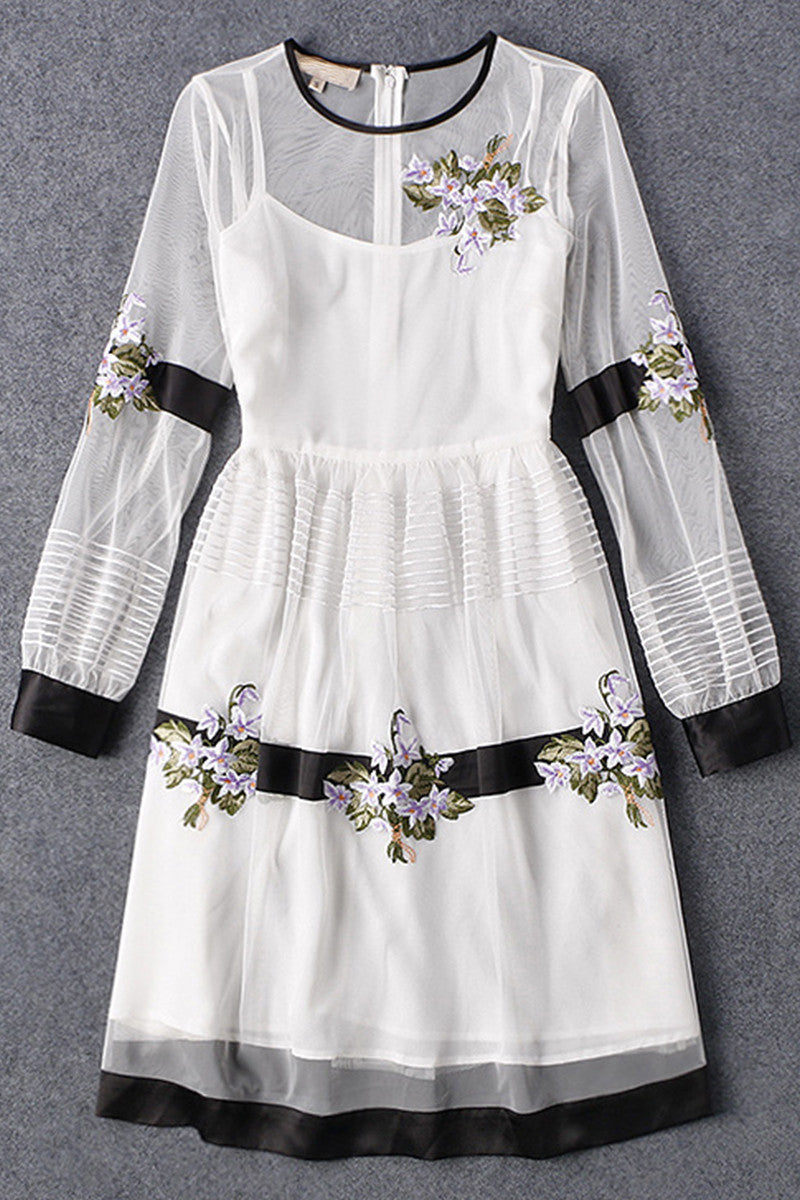VINTAGE FLOWER EMBROIDERY ROUND NECK CHIFFON CASUAL DRESS