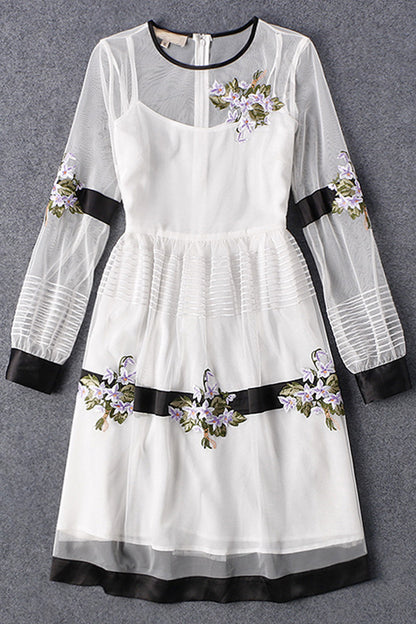 VINTAGE FLOWER EMBROIDERY ROUND NECK CHIFFON CASUAL DRESS