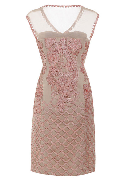 V Neck Sheer Mesh  Floral And Scale Embroidery Slim Dress