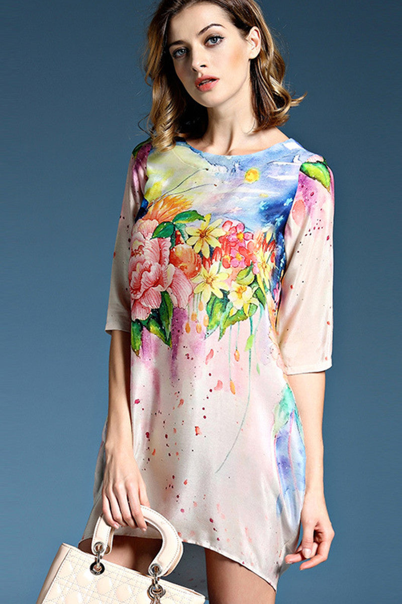 Flowers Print  Short Front Long Back Loose Dress