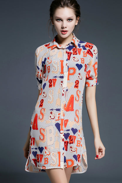 Lapel Neck Letter Print Side Slit Irregular Shirt Dress