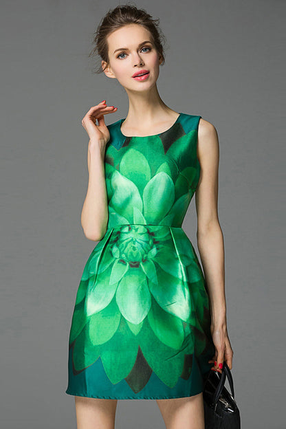 Formal Round Neck Lotus Pattern Printed Short Dress