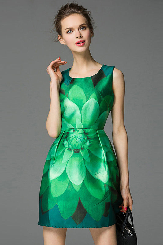 Formal Round Neck Lotus Pattern Printed Short Dress