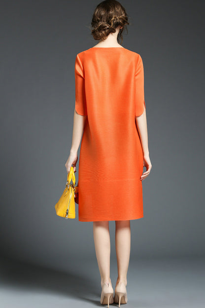 1/2 Sleeve Pleated Hi-Low Shift Dress With Cover Button Decoration