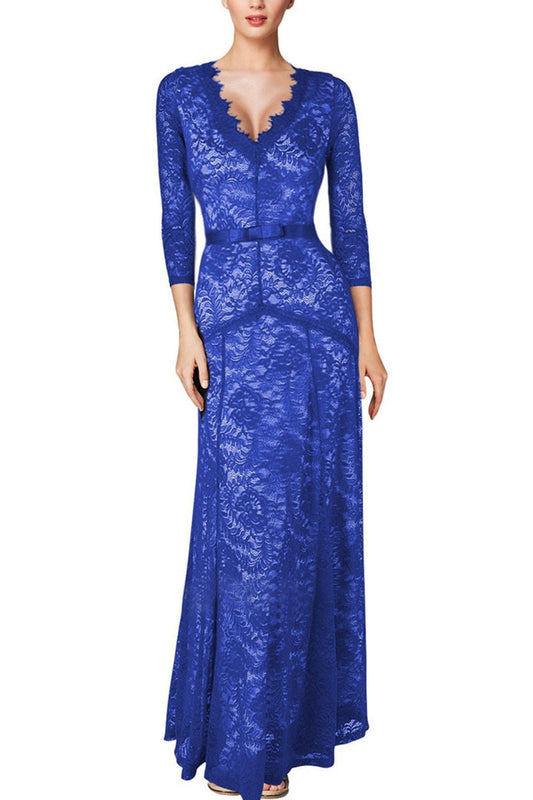 Deep V Neck Lace Applique 2/3 Sleeve Slim Dress