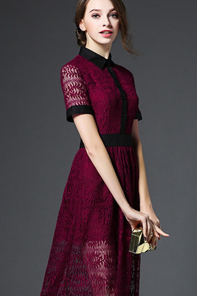 Roll Collar Hollow Out  Lace Patch Flare Midi Dress - NJOYDRESS - 2