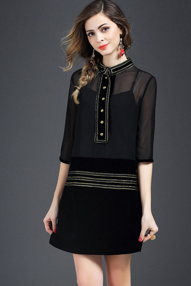Stand Collar See Through  Sheer Shoulder Dress