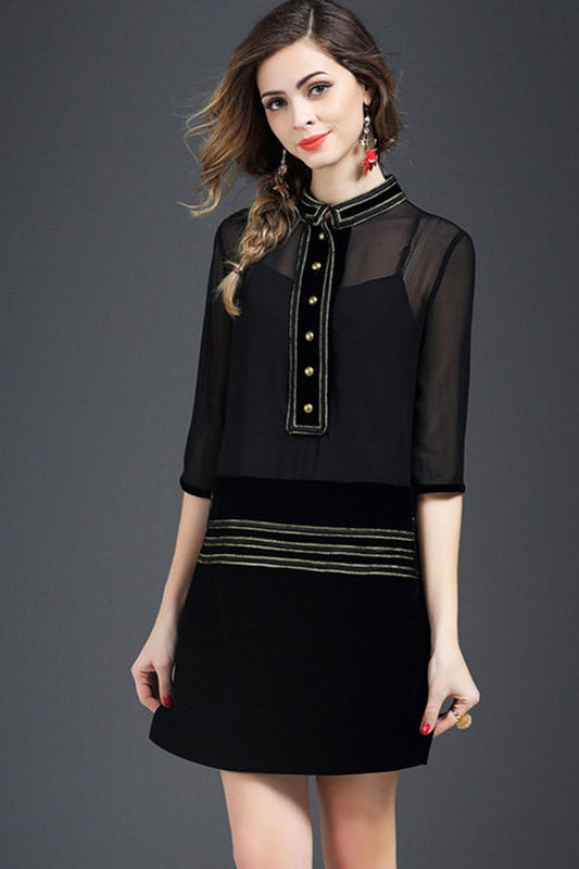 Stand Collar See Through  Sheer Shoulder Dress