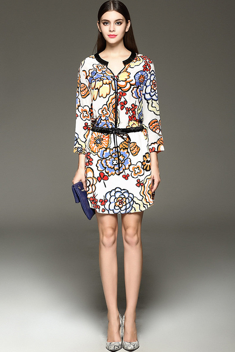 WOMEN'S ELEGANT PRINT AND FLORAL WEAR TO WORK SHORT DRESS WITH BLET