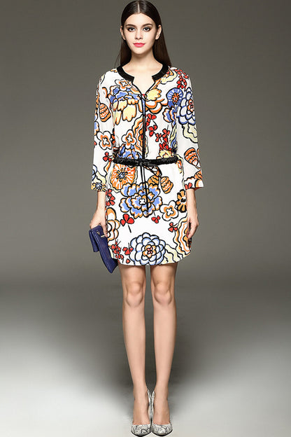 WOMEN'S ELEGANT PRINT AND FLORAL WEAR TO WORK SHORT DRESS WITH BLET