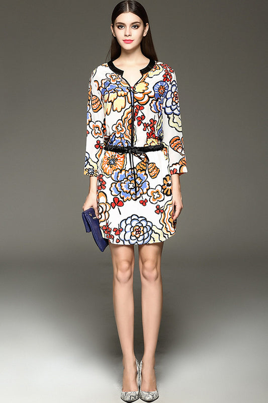 WOMEN'S ELEGANT PRINT AND FLORAL WEAR TO WORK SHORT DRESS WITH BLET