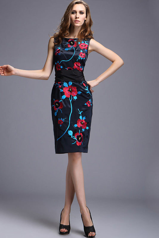 Peony Embroidered Sleeveless Cocktail Dress