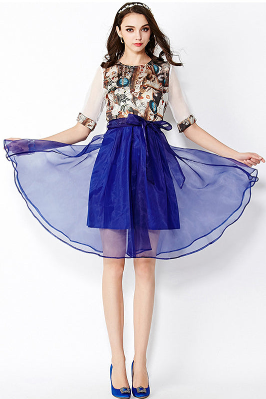 WOMEN'S CASUAL PRINT AND FLORAL ROUND NECK HALF SLEEVE MIDI DRESS WITH BELT