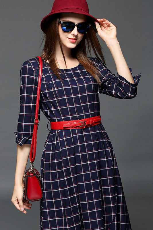 WOMEN'S CASUAL ROUND NECK PLAID 3/4 SLEEVE MIDI VOCATION DRESS
