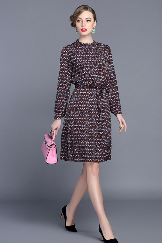 Long Sleeve Printing Chiffon Dress - NJOYDRESS - 1