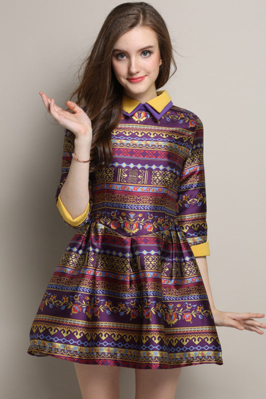 Women's Casual Printing Graffiti Vintage 3/4 Sleeve Polo Neck Casual Dress