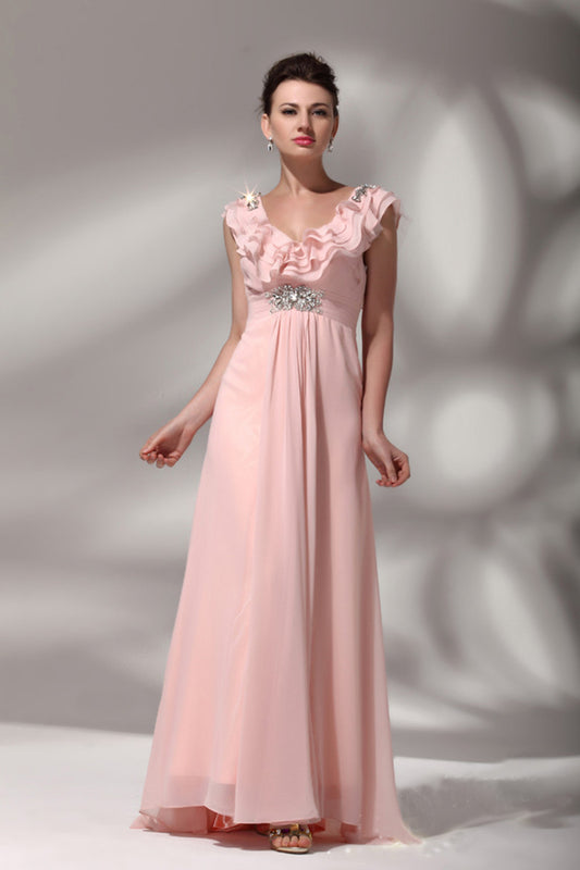 Deep V Neck Bling Beaded  Flare Hem High Waist Gown  Dress