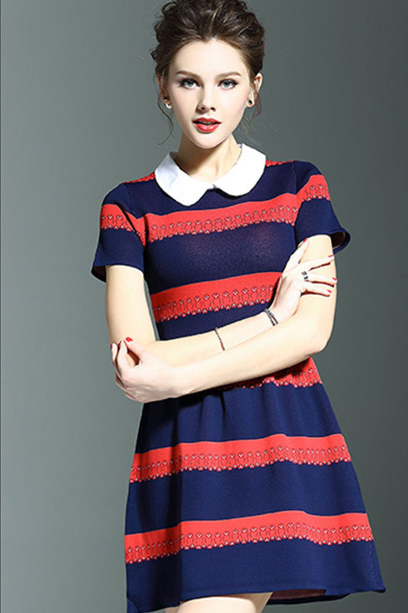 Dolly Neck Stripe  Pattern Knit Dress - NJOYDRESS - 2