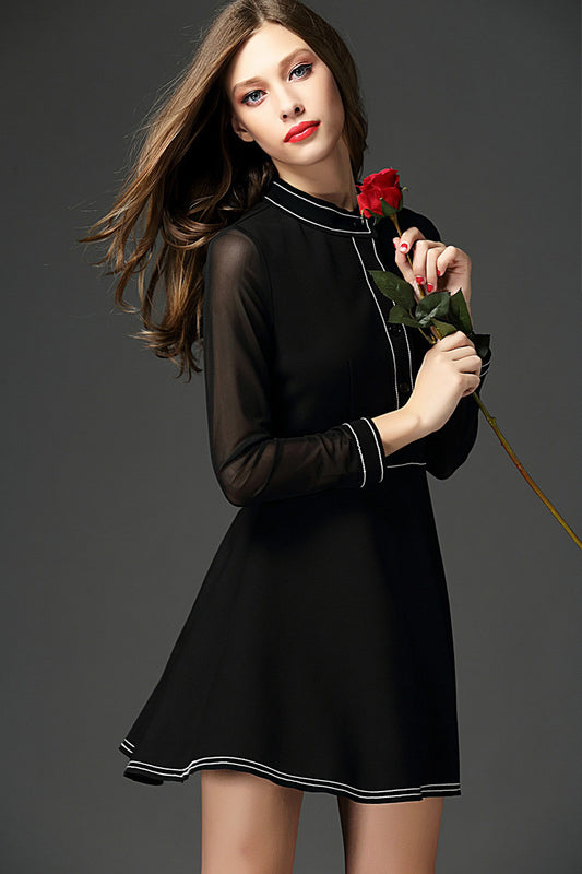 WOMEN'S SEXY BLACK FORMAL STAND COLLAR LONG SLEEVE SHORT DRESS