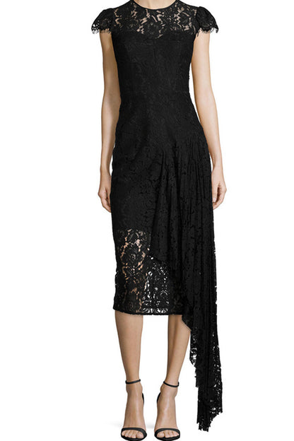 [50% OFF TILL 8 APR] Round Collar Sheer Lace Irregular Tail Slim Party Dress