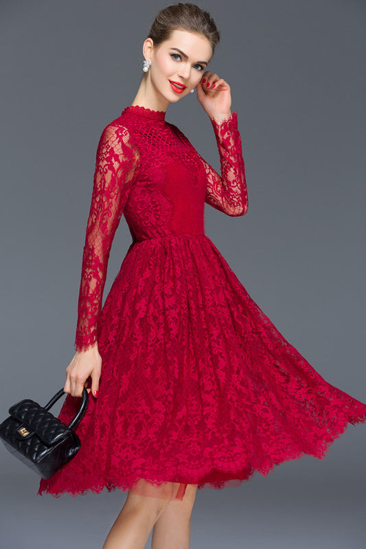 WOMEN'S LACE ROUND NECK CASUAL GRACE LONG SLEEVE PARTY DRESS