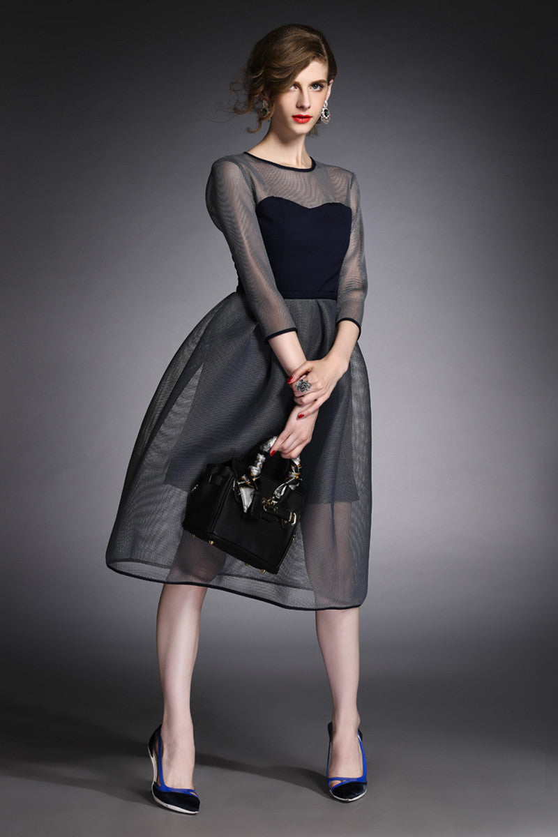 Sheer Mesh Patch Bubble Full Dress
