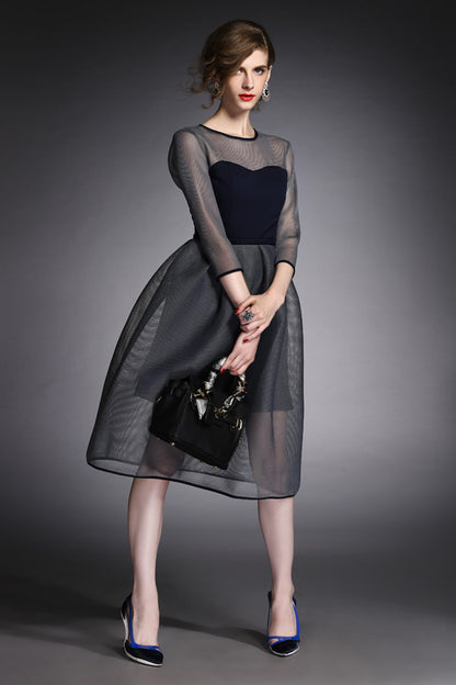 Sheer Mesh Patch Bubble Full Dress
